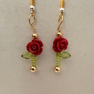 Red Rose Dangle Earrings Handmade New!